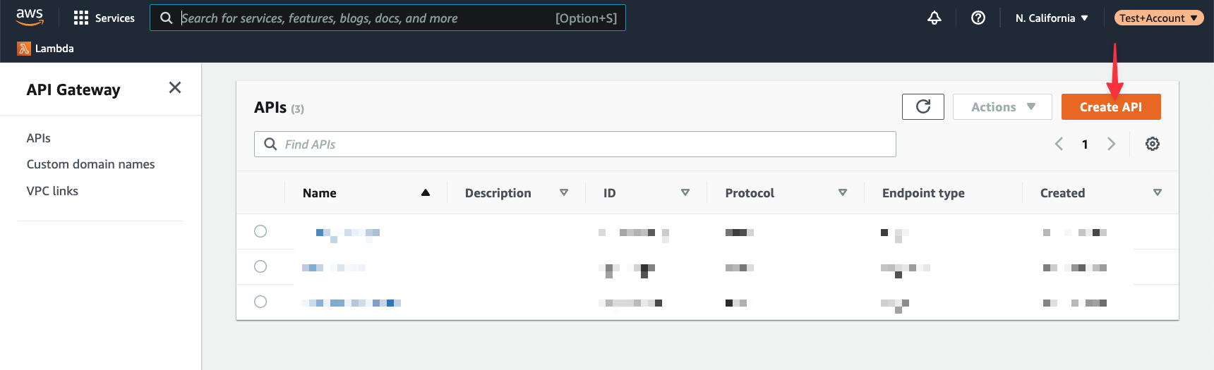 The Create API button in API Gateway.