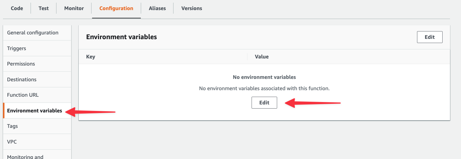 The Environment variables section of Lambda.