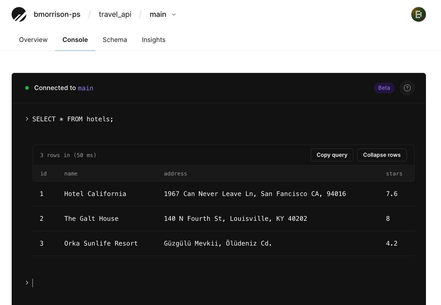 The hotels table in the PlanetScale console.