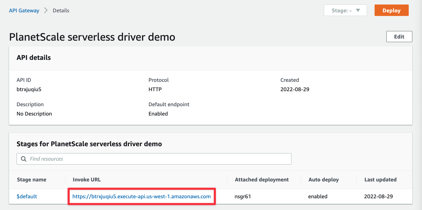 The location of the Invoke URL in API Gateway.