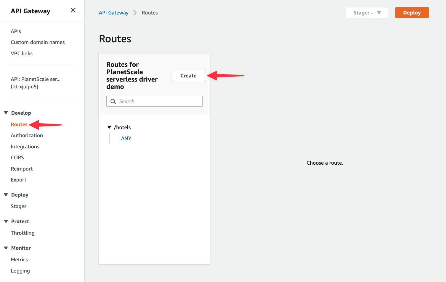 The Routes section of API Gateway.