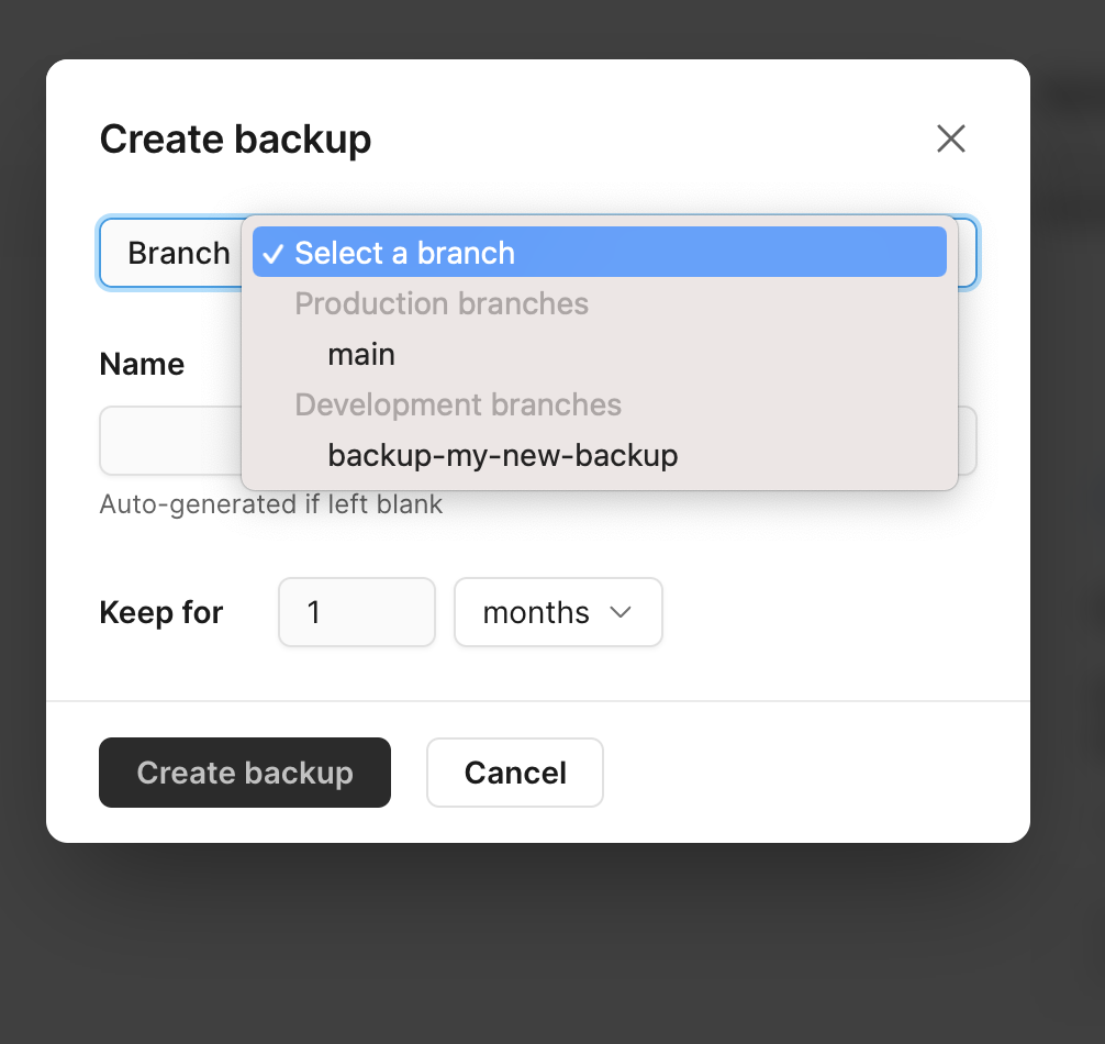 Manual backup pop-up modal