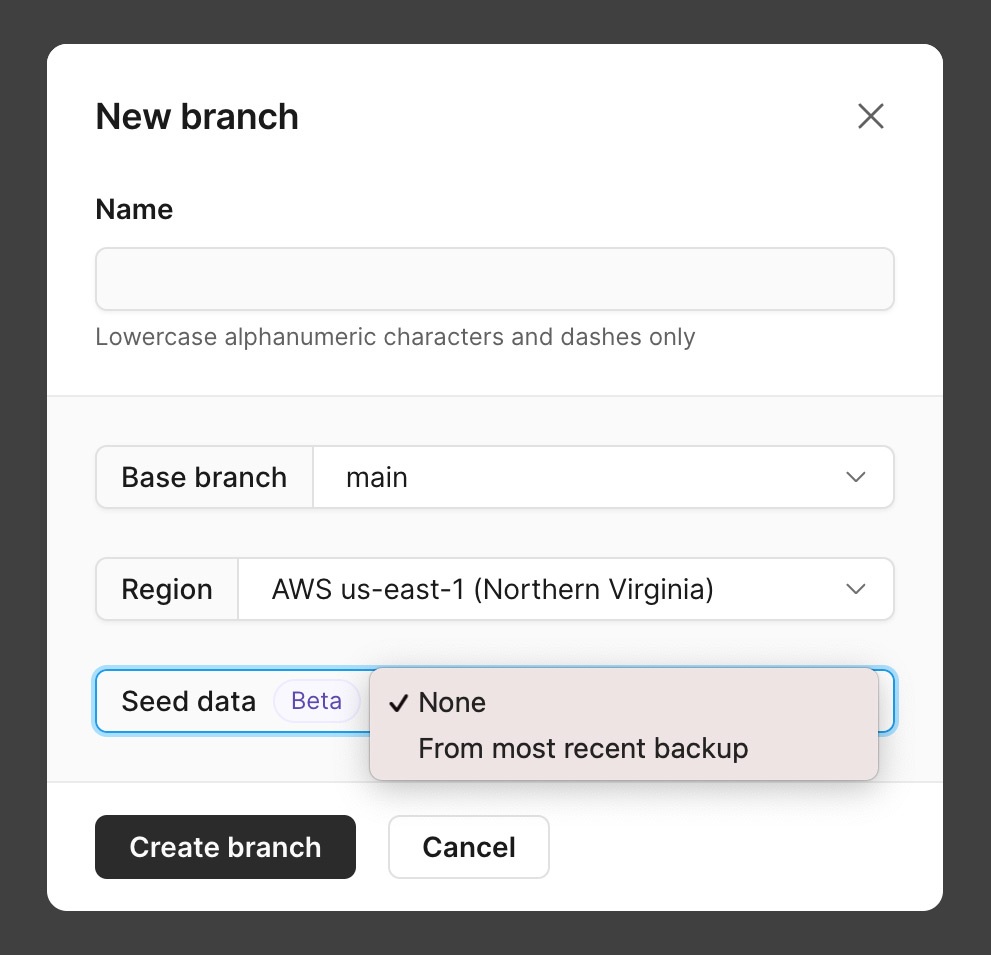 PlanetScale dashboard new branch dialog with seed option