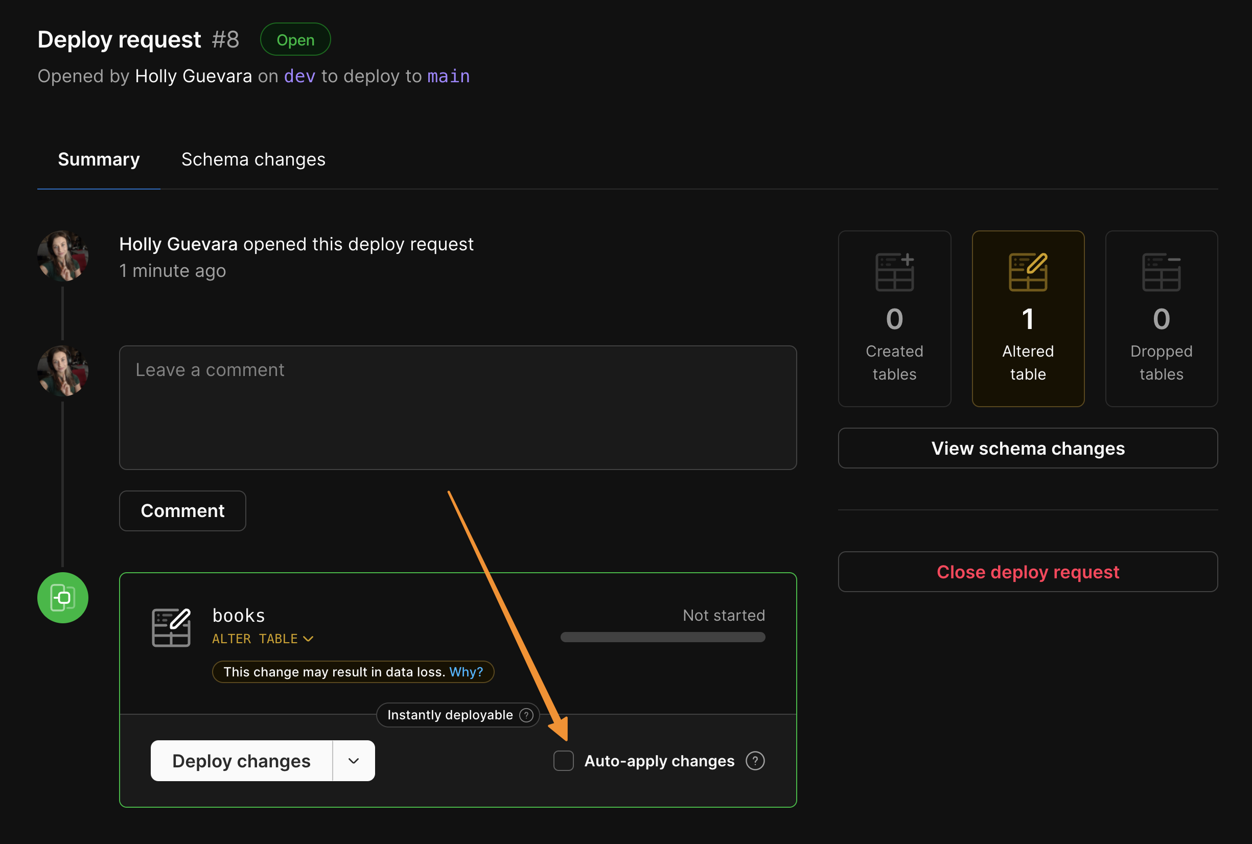 PlanetScale deploy request - Auto-apply changes checkbox unchecked