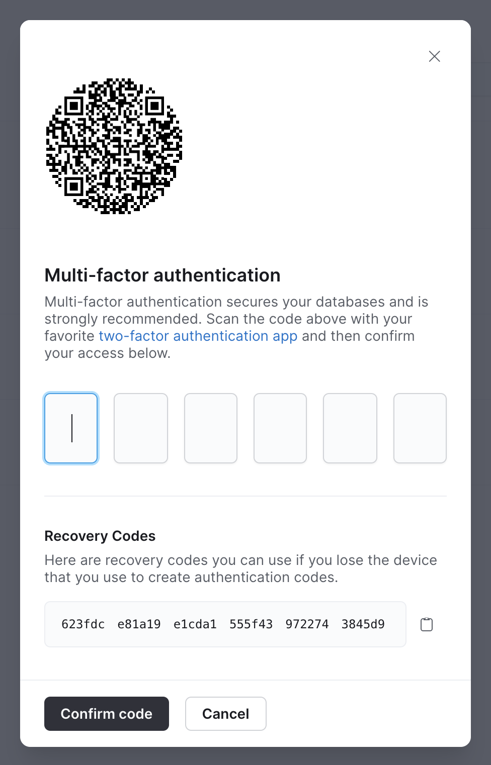 Pop-up modal with QR code and recovery codes {priority}