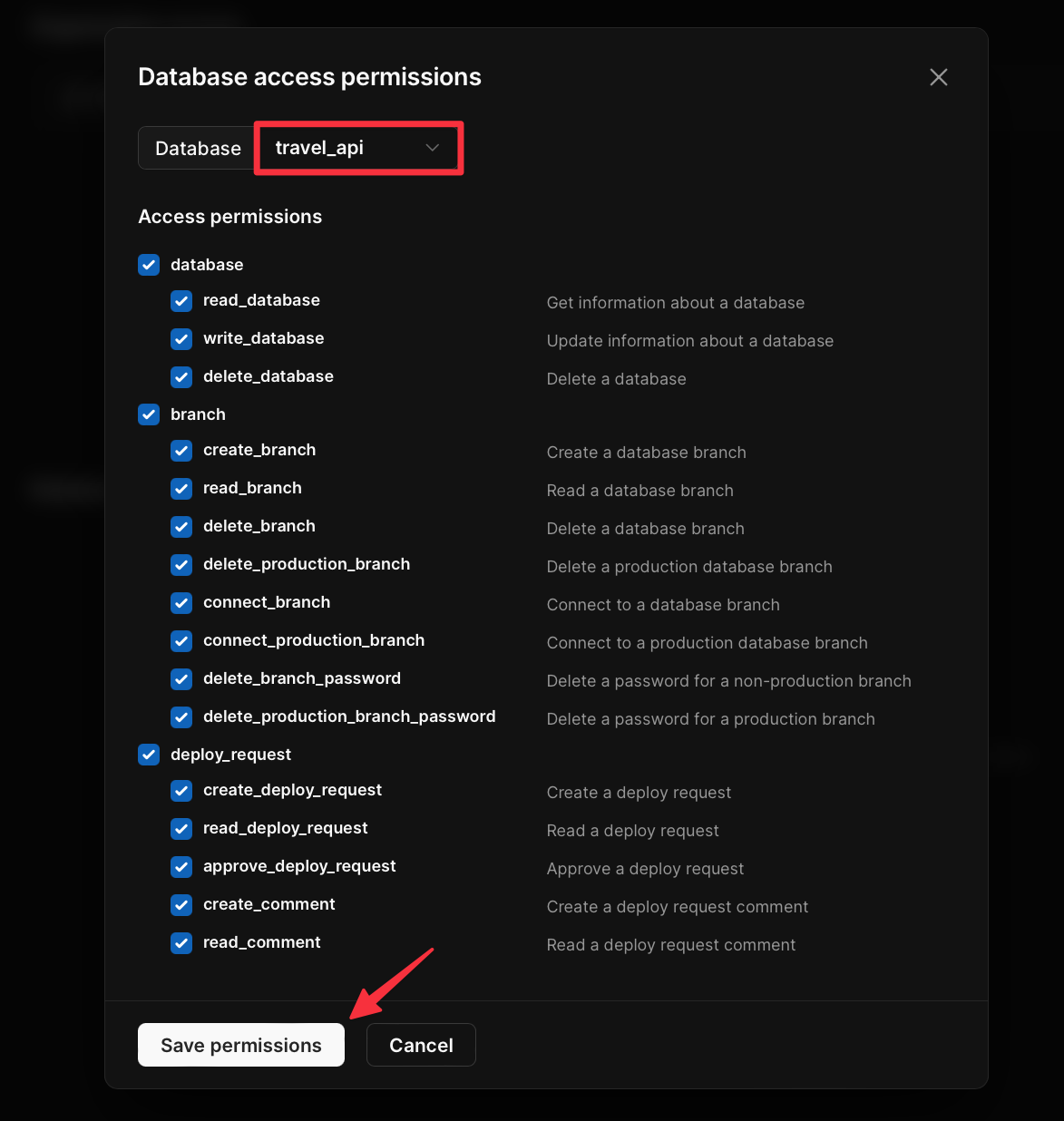 The Database access permissions modal.