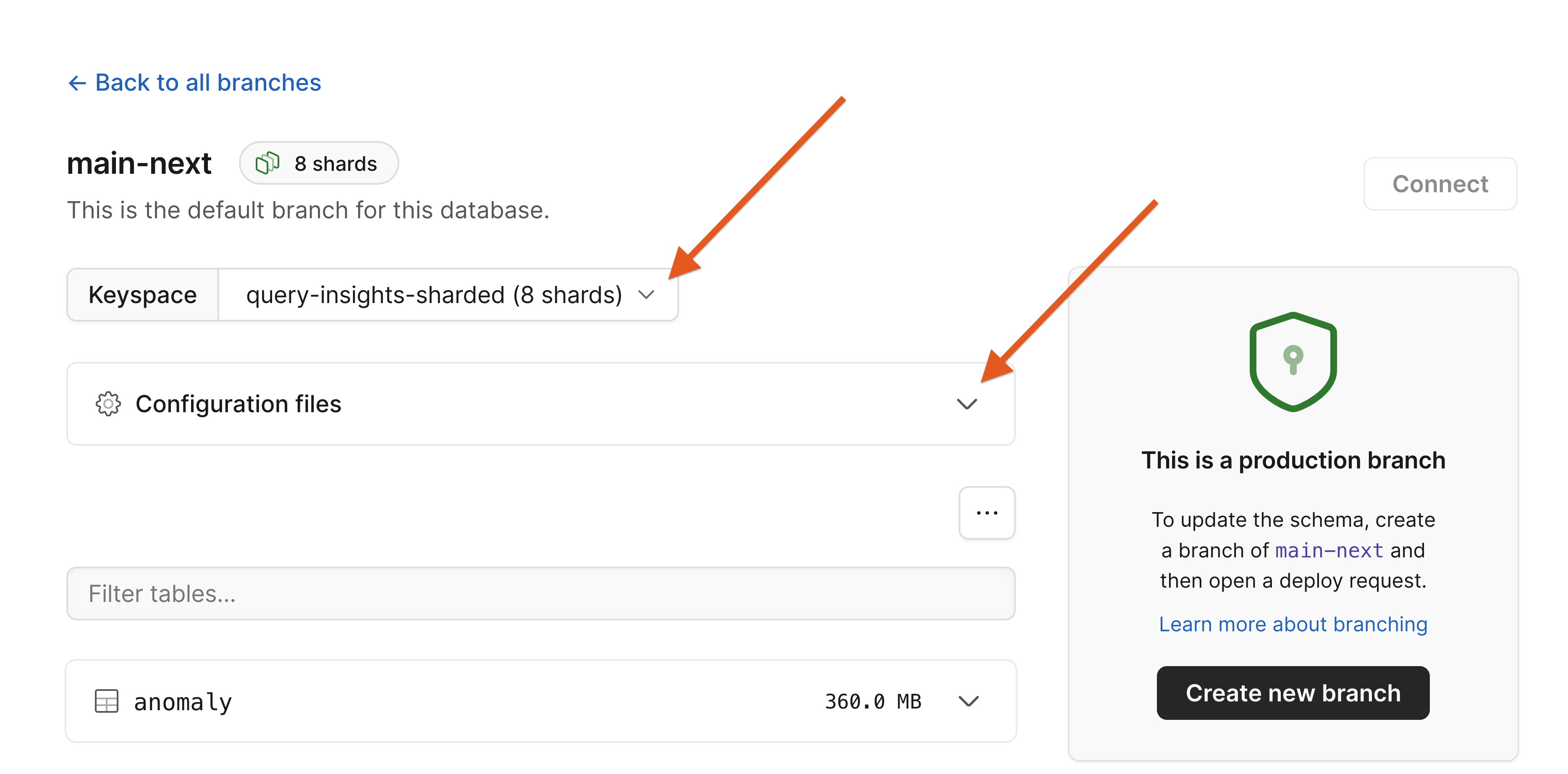 PlanetScale keyspace selection and configuration files drop down