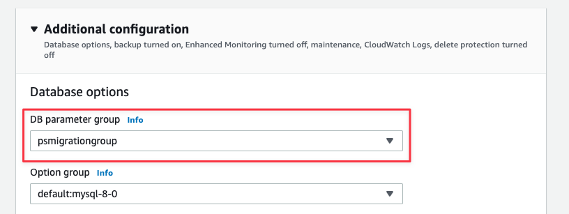 The Additional configuration section of the database configuration view.