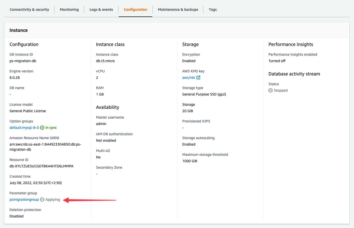 The configuration tab with the new parameter group applying.