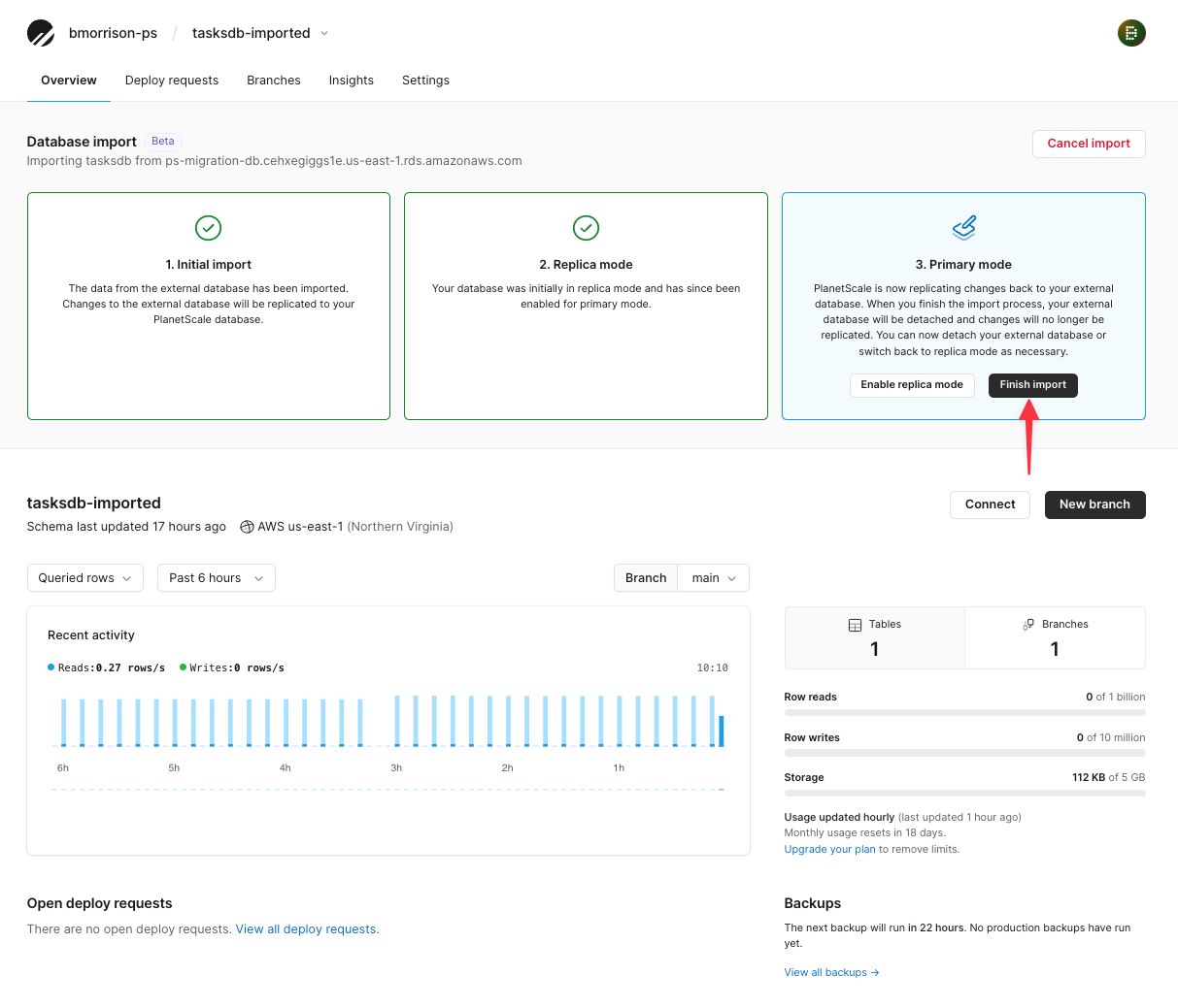 The Database import view after the PlanetScale database has been flagged as the primary database.