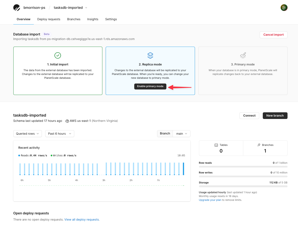 The Database import view once the initial import has been completed.