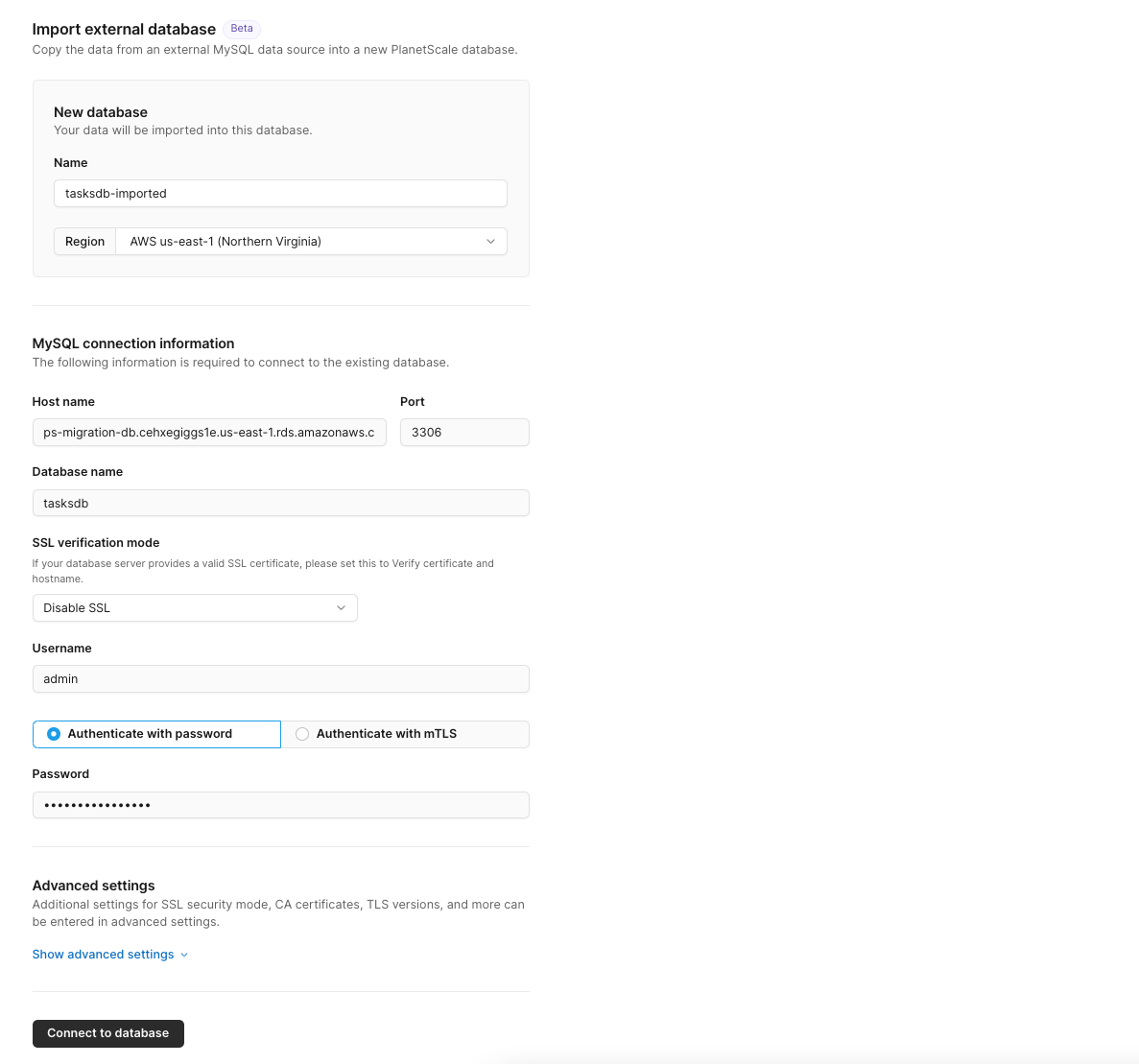 The Import external database form.