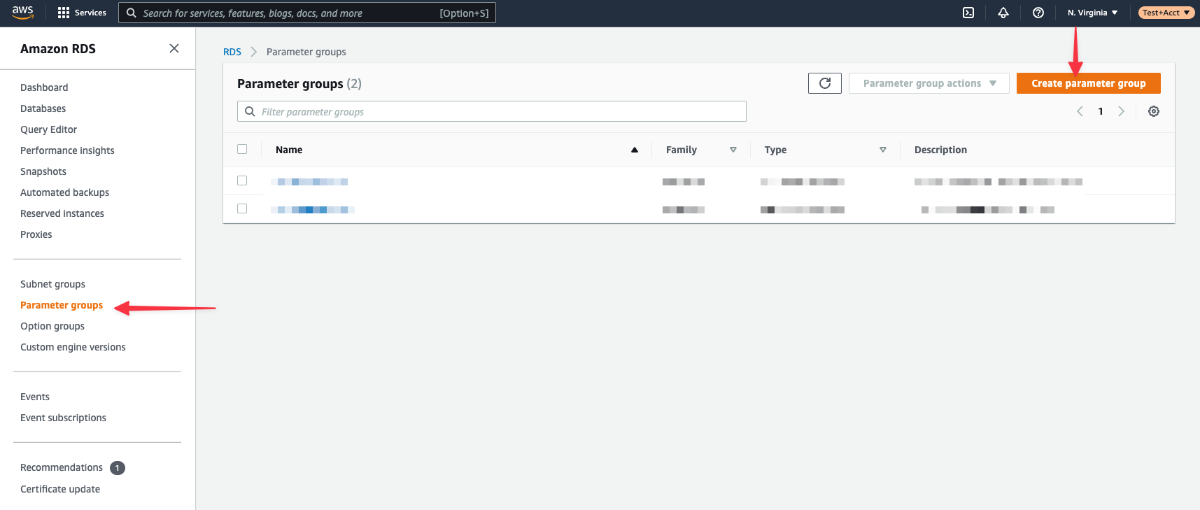 The Parameter groups view in RDS.