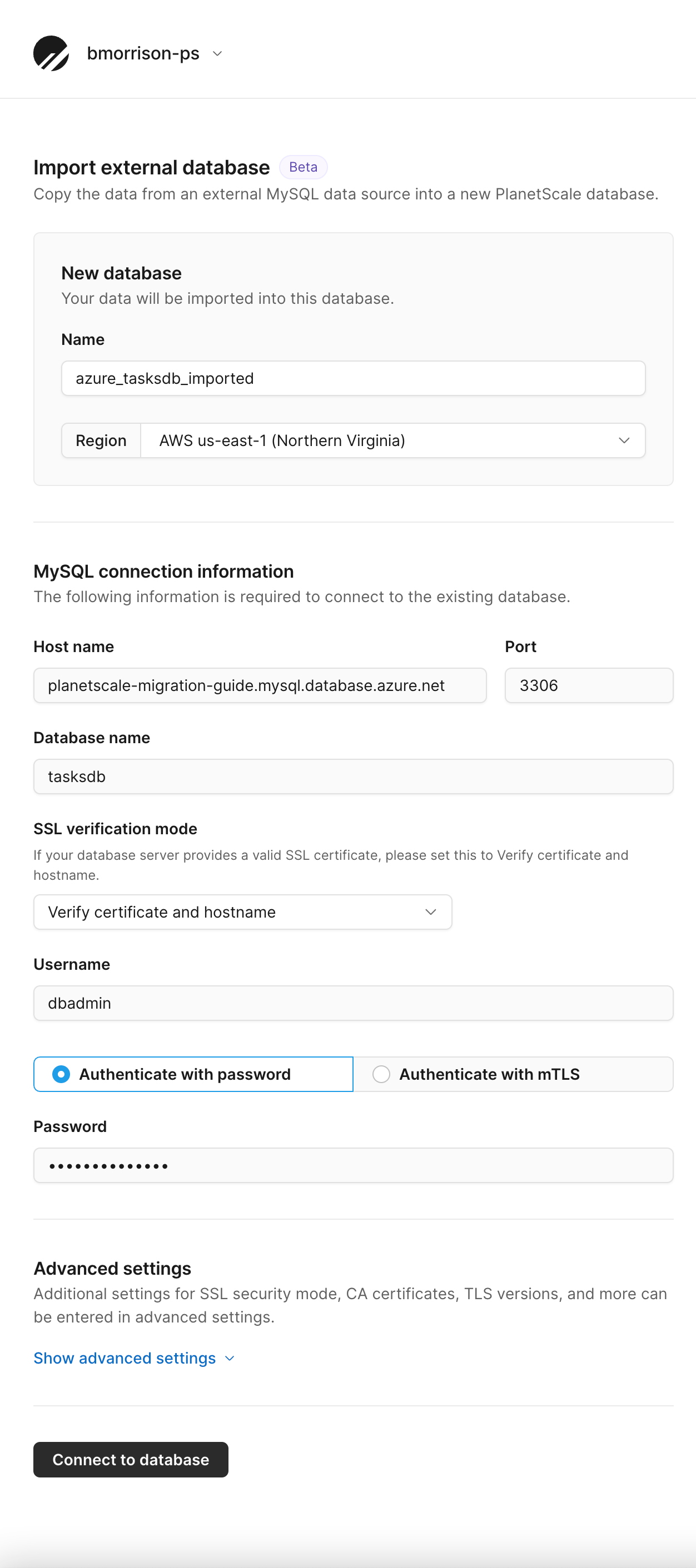 The Import external database form.