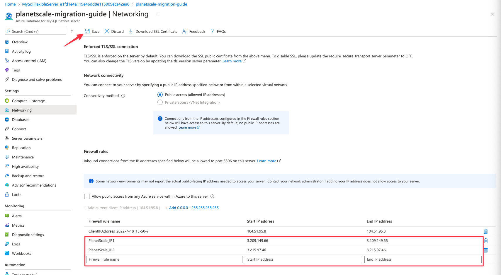 The networking tab of the Azure dashboard.