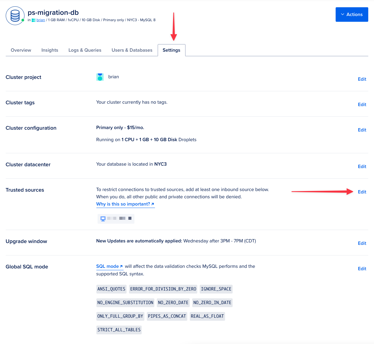 The Settings tab of the database cluster in Digital Ocean.