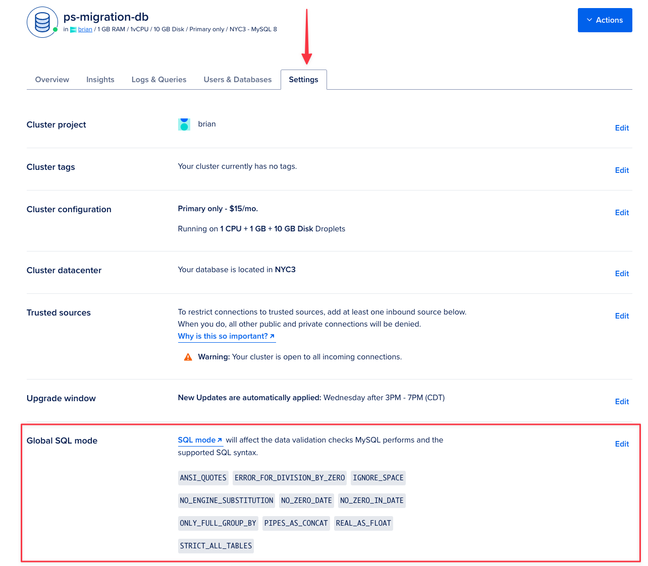 The Settings tab of the database cluster in DigitalOcean with the Global SQL mode section highlighted.