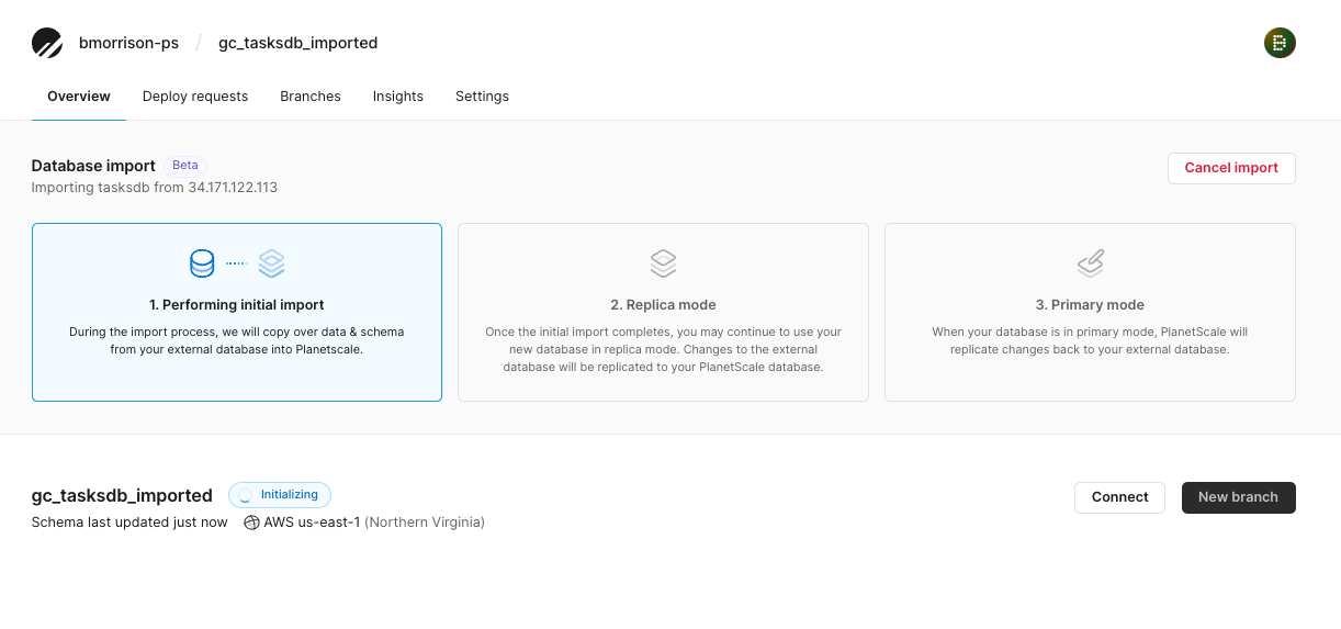 The Database import view during the initial import process.