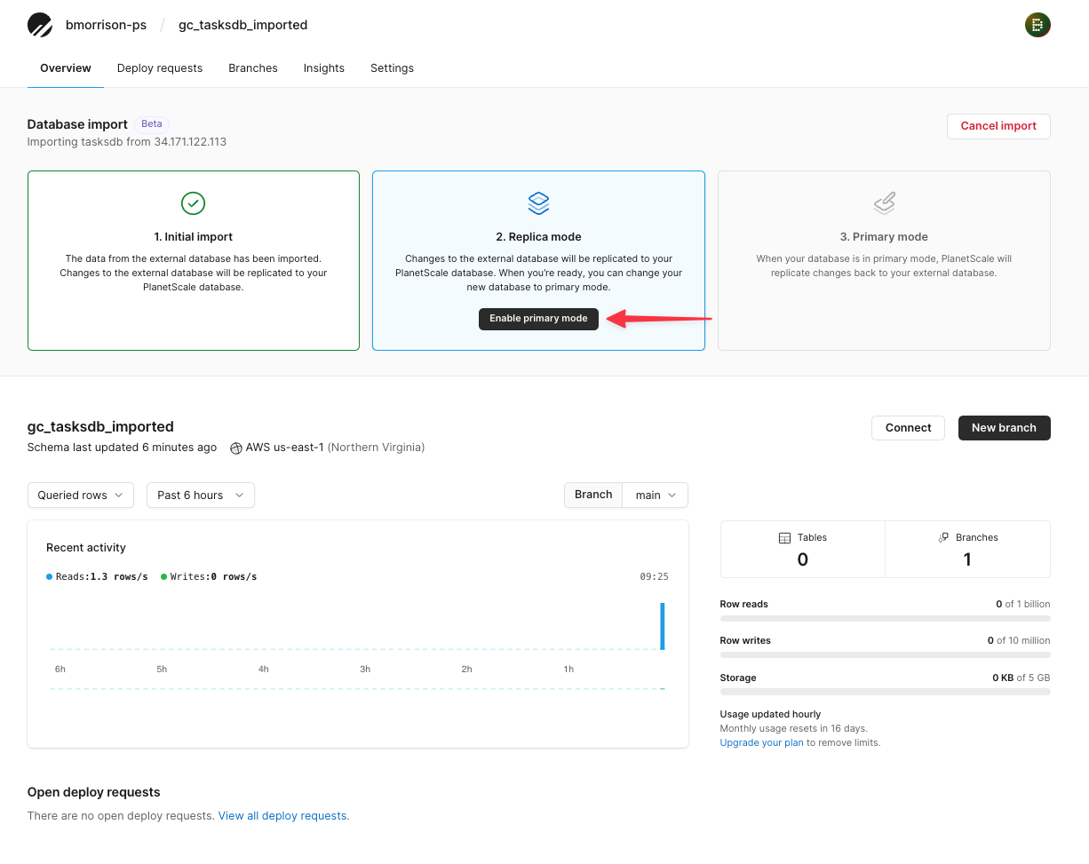 The Database import view once the initial import has been completed.