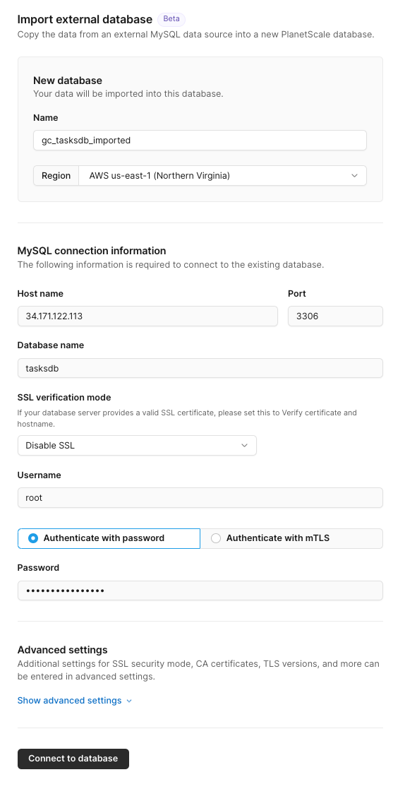 The Import database form.