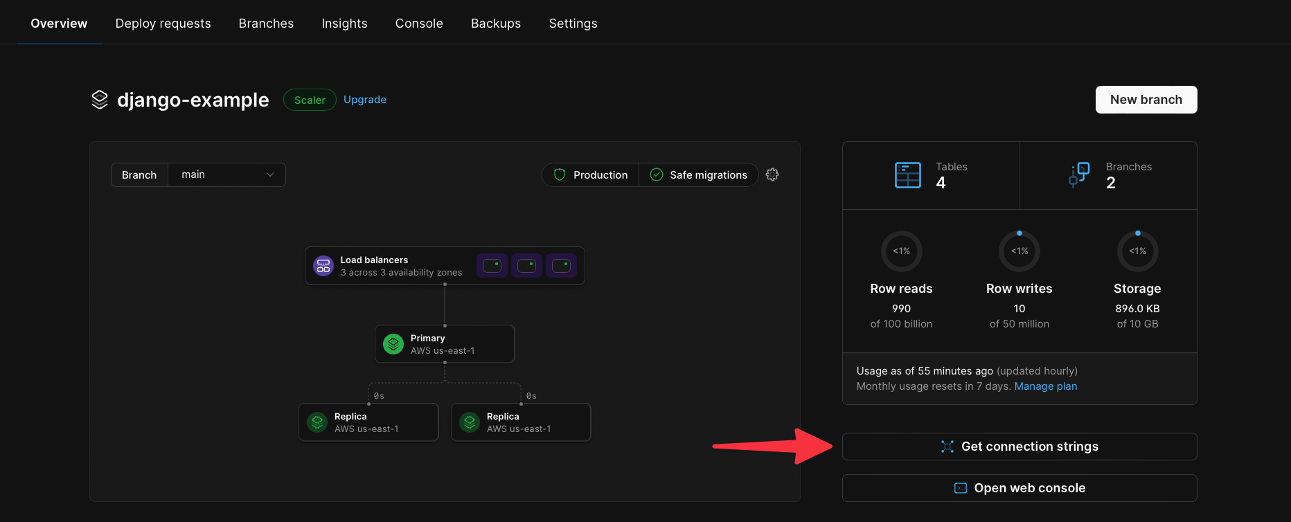 The location of the “Connect” button in the PlanetScale dashboard. {priority}