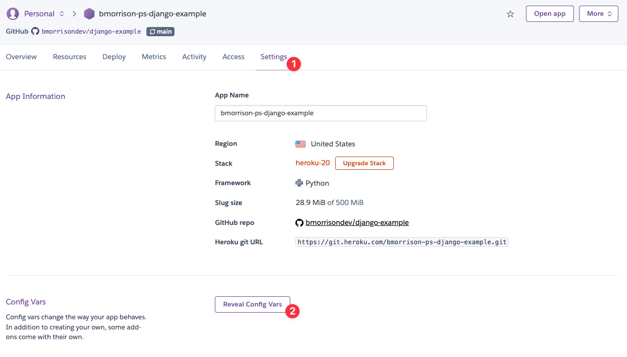 The Settings tab of the Heroku dashboard.